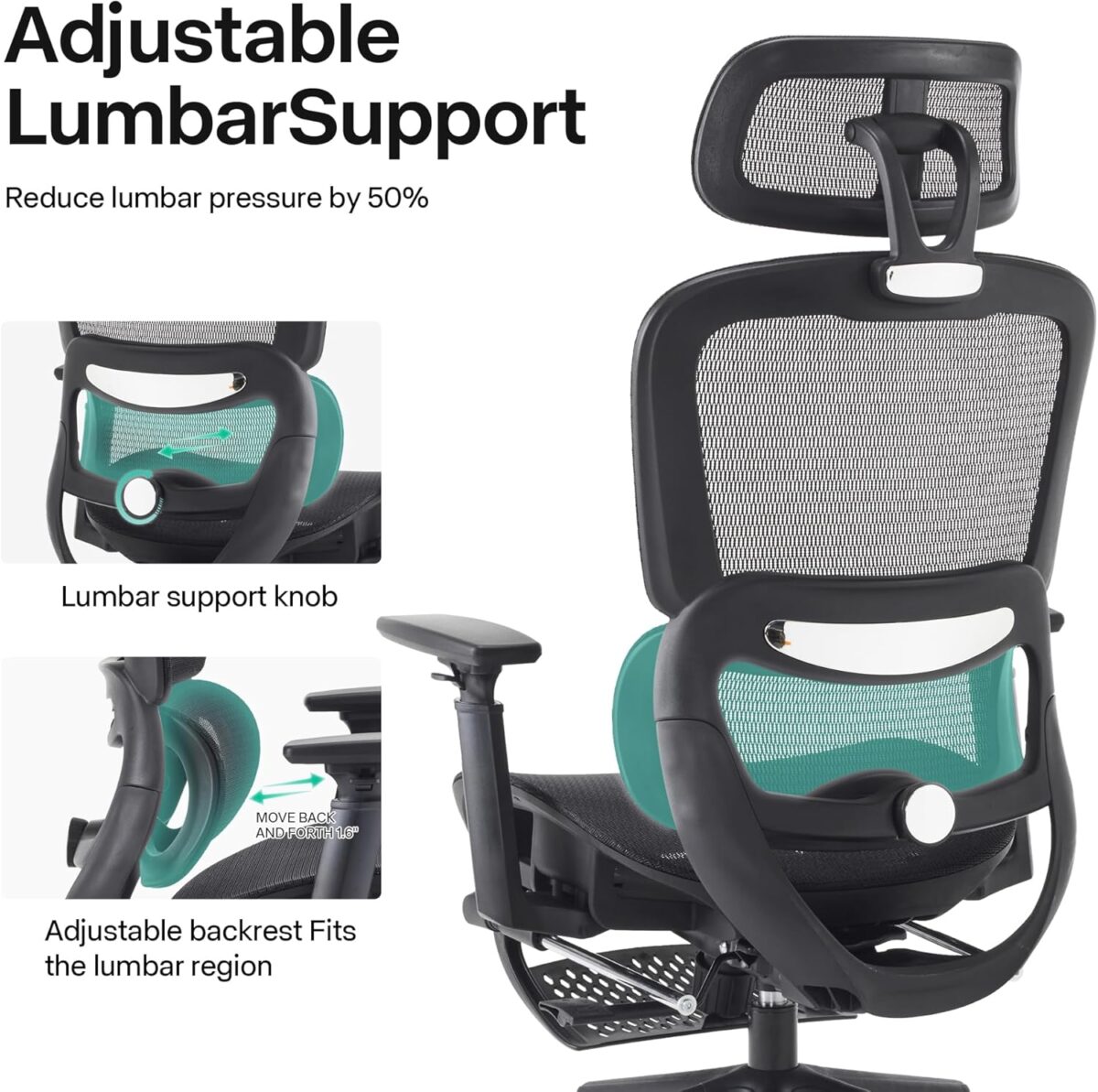 Ergonomic Office Chair, High Back Gaming Chair with Footrest,Big and Tall Home Office Desk Chair,Mesh Computer Chair with Adjustable Lumbar Support and Headrest,3D Armrests(Black) - Image 5
