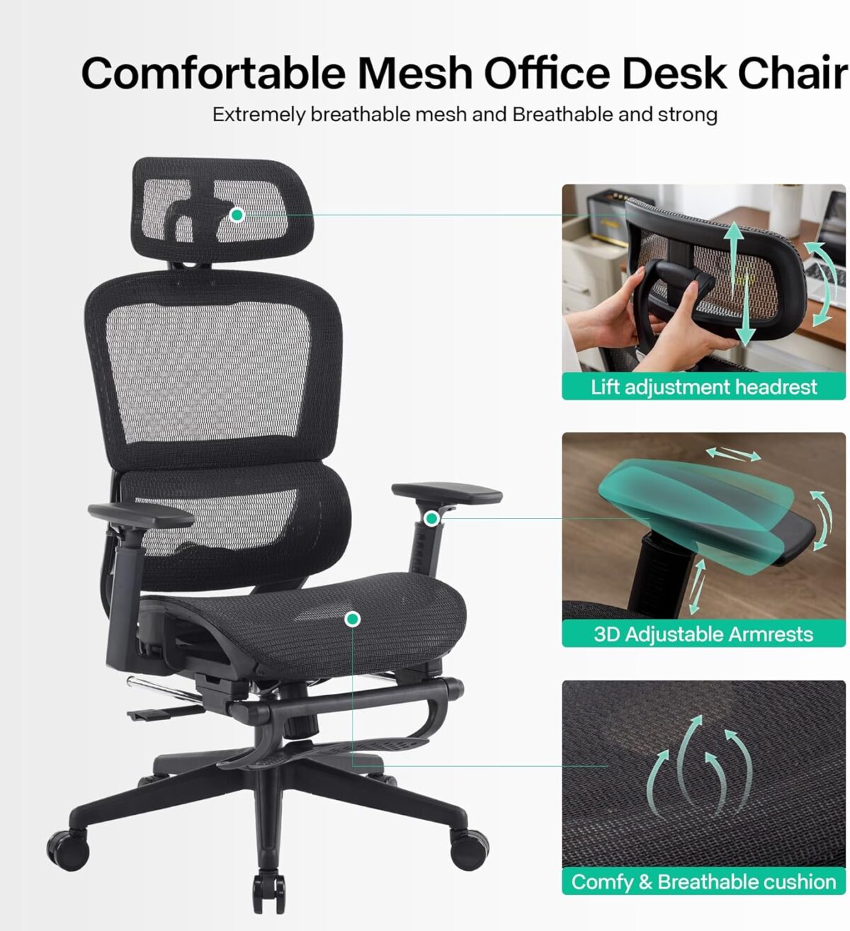 Ergonomic Office Chair, High Back Gaming Chair with Footrest,Big and Tall Home Office Desk Chair,Mesh Computer Chair with Adjustable Lumbar Support and Headrest,3D Armrests(Black) - Image 6