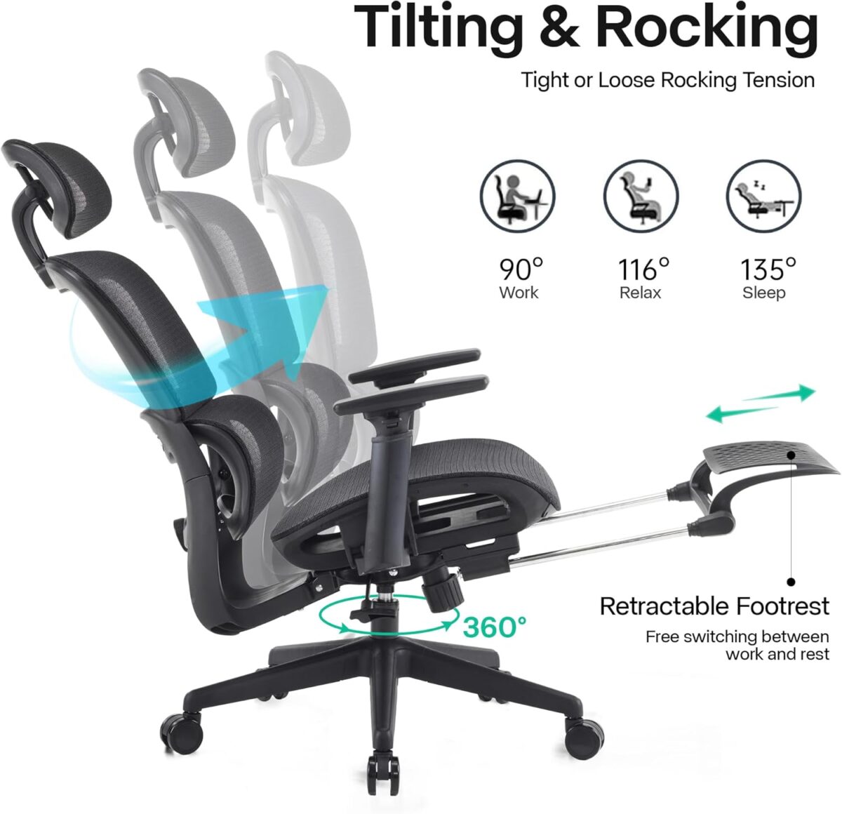 Ergonomic Office Chair, High Back Gaming Chair with Footrest,Big and Tall Home Office Desk Chair,Mesh Computer Chair with Adjustable Lumbar Support and Headrest,3D Armrests(Black) - Image 7