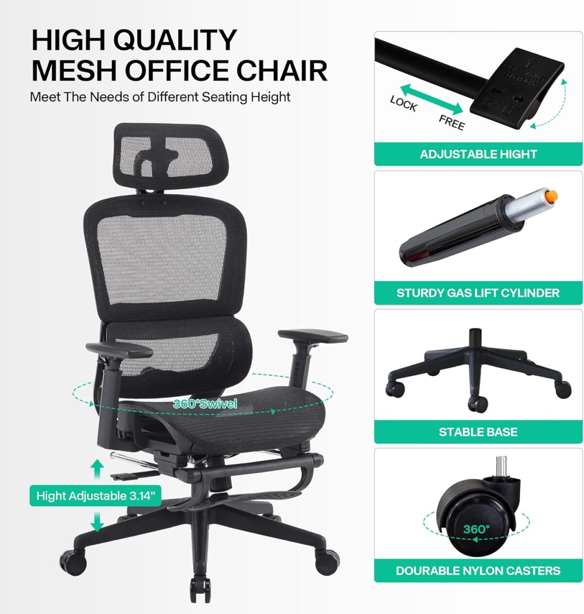 Ergonomic Office Chair, High Back Gaming Chair with Footrest,Big and Tall Home Office Desk Chair,Mesh Computer Chair with Adjustable Lumbar Support and Headrest,3D Armrests(Black) - Image 8