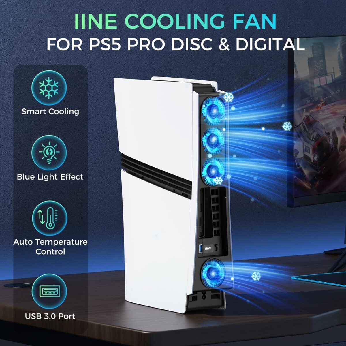 Cooling Fan for PS5 Pro, Efficient Cooler Fan with Adjustable Speed/LED Light, Temperature-Controlled PS5 PRO Cooling Accessories with USB 3.0 Port - Image 3