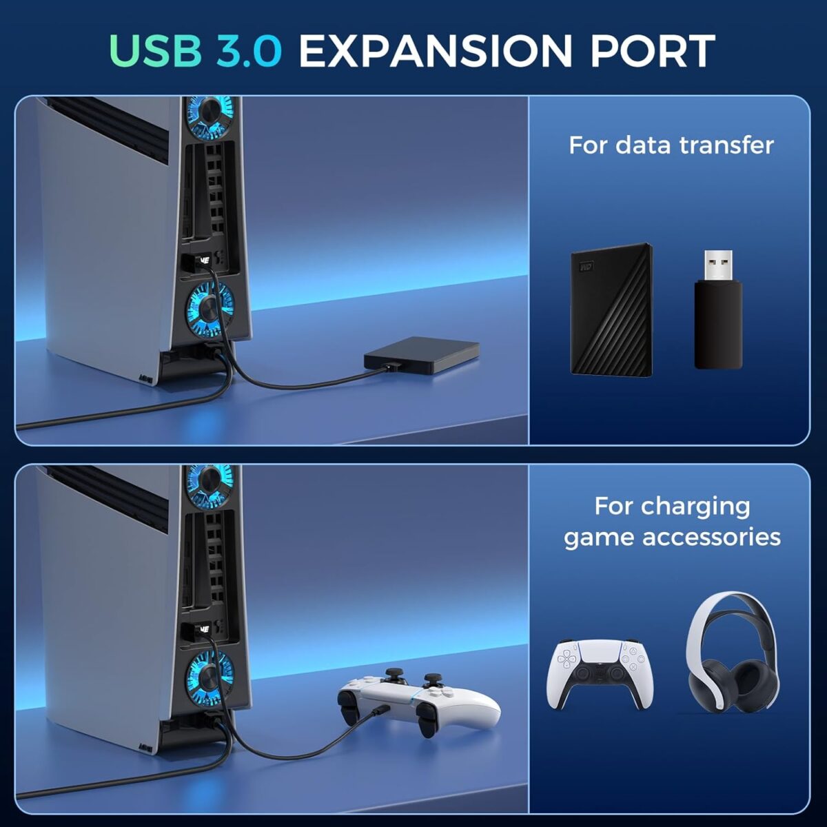 Cooling Fan for PS5 Pro, Efficient Cooler Fan with Adjustable Speed/LED Light, Temperature-Controlled PS5 PRO Cooling Accessories with USB 3.0 Port - Image 5