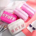 Remerry 4 Pcs Travel Toiletry Bags for Women Nylon Makeup Bag Organizer Cosmetic Chenille Letter Pouch Zipper Preppy Waterproof Hair Pouch Christmas Gift(Rose Red, Pink, Light Pink, White) - Image 4