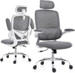Ergonomic Home Office Chair, High Back Mesh Desk Chair with Adjustable Lumbar Support, Flip-up Armrest, Removable Headrest, Swivel Computer Gaming Chair, Space Saving, 330LBS (White+Grey) - Image 10