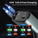 Retractable Car Charger 2Pack, 4 in 1 Fast Charge 66W with 180 Rotatable Adapter, Type C Cigarette Lighter USB Charger for iPhone 12/13/14/15 Pro Max, Apple, Samsung, Android, Pixel - Image 3