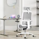 Ergonomic Office Chair - High Back Desk Chair with Adjustable Lumbar Support, Headrest & 3D Armrest - 135°Rocking Mesh Computer Chair (White & Grey) - Image 3