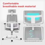 Ergonomic Office Chair - High Back Desk Chair with Adjustable Lumbar Support, Headrest & 3D Armrest - 135°Rocking Mesh Computer Chair (White & Grey) - Image 5