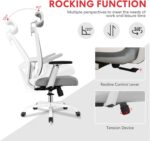 Ergonomic Office Chair - High Back Desk Chair with Adjustable Lumbar Support, Headrest & 3D Armrest - 135°Rocking Mesh Computer Chair (White & Grey) - Image 6