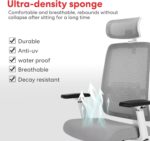 Ergonomic Office Chair - High Back Desk Chair with Adjustable Lumbar Support, Headrest & 3D Armrest - 135°Rocking Mesh Computer Chair (White & Grey) - Image 7