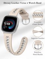 Minyee Leather Band Compatible with Fitbit Versa 4/3/Fitbit Sense 2/1 Bands Women, Dressy Premium Leather Designer Strap with Stainless Steel Metal Chain for Versa 3 4 Sense 2 Smartwatch - Image 4