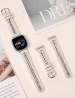 Minyee Leather Band Compatible with Fitbit Versa 4/3/Fitbit Sense 2/1 Bands Women, Dressy Premium Leather Designer Strap with Stainless Steel Metal Chain for Versa 3 4 Sense 2 Smartwatch - Image 5