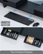 Dual Monitor Riser with Two Drawers for Desk, Bamboo Monitor Stand Riser with Storage, Desk Shelf for Computer, IMac & Laptop, No Assembly Required, Black - Image 4