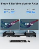 Dual Monitor Riser with Two Drawers for Desk, Bamboo Monitor Stand Riser with Storage, Desk Shelf for Computer, IMac & Laptop, No Assembly Required, Black - Image 5