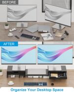 Dual Monitor Riser with Two Drawers for Desk, Bamboo Monitor Stand Riser with Storage, Desk Shelf for Computer, IMac & Laptop, No Assembly Required, Black - Image 6