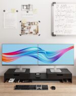 Dual Monitor Riser with Two Drawers for Desk, Bamboo Monitor Stand Riser with Storage, Desk Shelf for Computer, IMac & Laptop, No Assembly Required, Black - Image 8