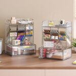 Clear Desk Organizer, Pen Storage Shelves with Drawers, Desk Accessories Holder,Makeup Brush Storage Organizer for Office School Home Supplies (Transparent) - Image 3
