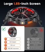 1.85" IPS Ultra Screen Smartwatch with LED Flashlight for Android iOS, 55mm Military Smart Watches for Men, IP68 Waterproof, Make/Answer Call, 24H Heart Rate, 730mAh, 100+ Sports, Metal Strap - Image 4
