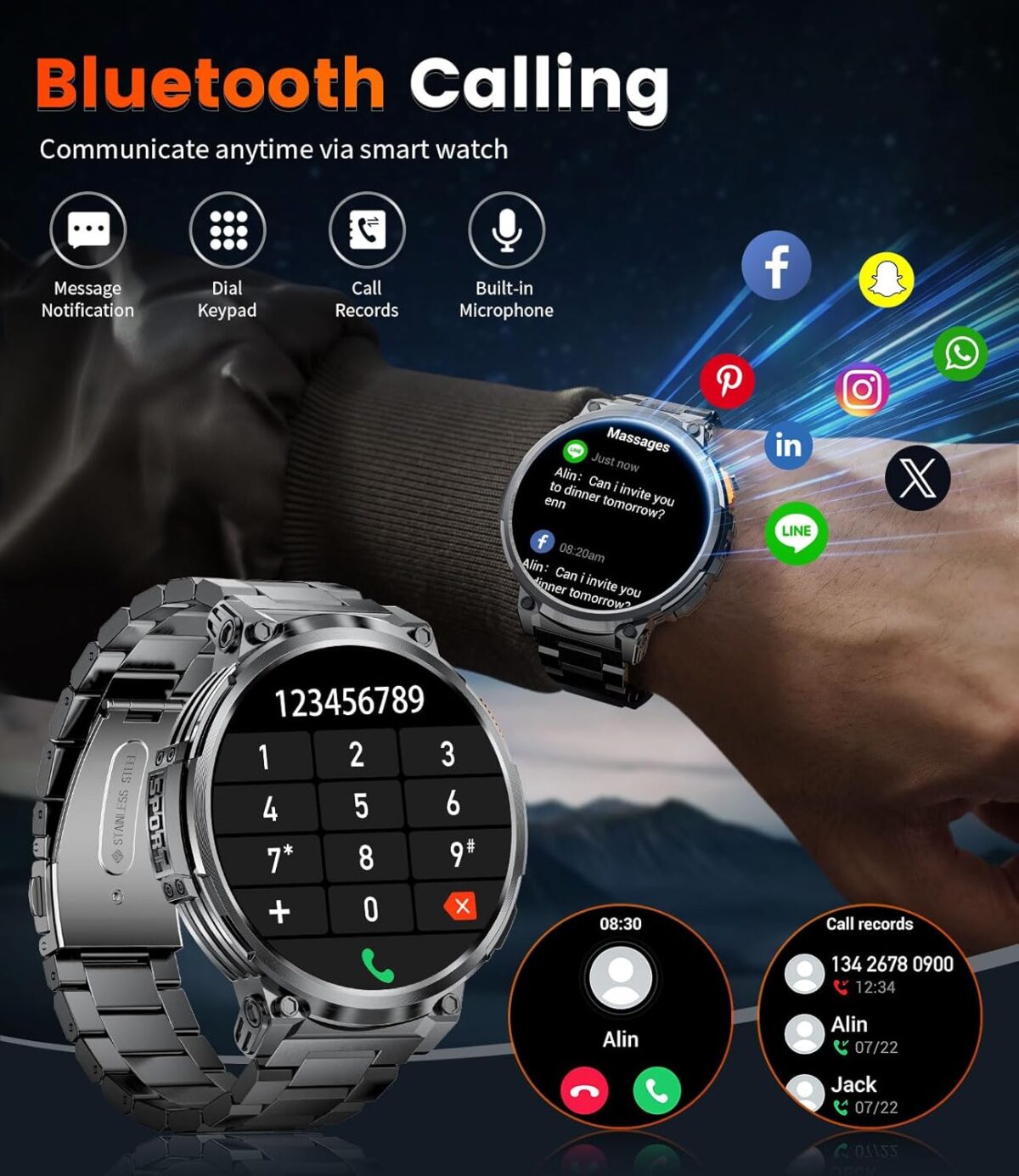 1.85" IPS Ultra Screen Smartwatch with LED Flashlight for Android iOS, 55mm Military Smart Watches for Men, IP68 Waterproof, Make/Answer Call, 24H Heart Rate, 730mAh, 100+ Sports, Metal Strap - Image 5