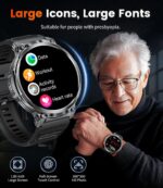 1.85" IPS Ultra Screen Smartwatch with LED Flashlight for Android iOS, 55mm Military Smart Watches for Men, IP68 Waterproof, Make/Answer Call, 24H Heart Rate, 730mAh, 100+ Sports, Metal Strap - Image 7
