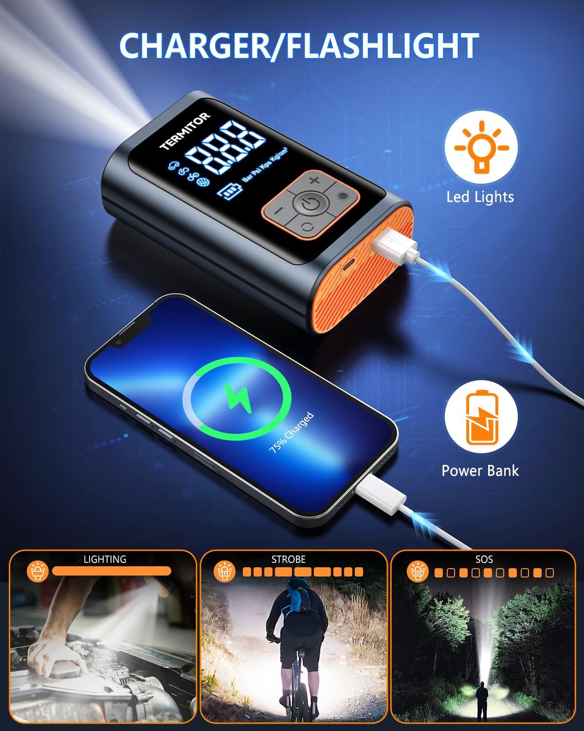 Tire Inflator Portable Air Compressor 150PSI Cordless Air Pump for Car, Motorcycle, Bicycle Tires, Balls, Auto Air Compressor with Digital Pressure Gauge, Emergency LED Light - Image 6