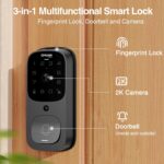 GHome Smart 3 in 1 Door Lock with Fingerprint WiFi Keyless Entry Smart Deadbolt, 2K HD Camera, 2.4GHz, App Remote Control, Smart Door Knob with Doorbell - Image 3