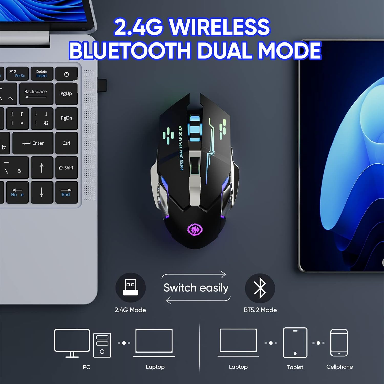 Wireless Gaming Mouse Bluetooth Mouse RGB Rechargeable 2.4G USB Cordless Computer Mice with 7 Color Backlit, 6 Buttons & Silent Click for Laptop, iPad, Mac OS, PC, Windows -Black - Image 3