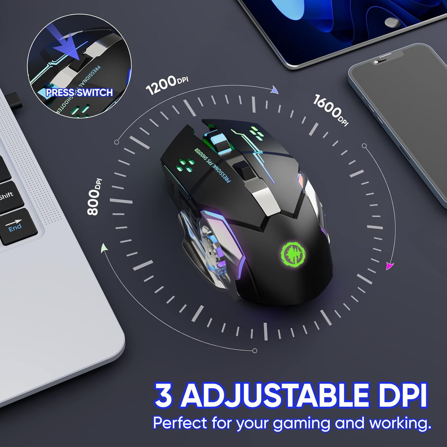 Wireless Gaming Mouse Bluetooth Mouse RGB Rechargeable 2.4G USB Cordless Computer Mice with 7 Color Backlit, 6 Buttons & Silent Click for Laptop, iPad, Mac OS, PC, Windows -Black - Image 5