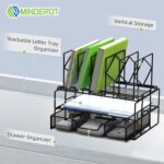 2 Tray Desk File Organizer with 5 Section Vertical ​File Holder with Drawer, Metal Paper Tray File Holder Sorter Desk Organizers and Accessories for Office School - Image 4