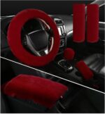 6 PCS Fluffy Steering Wheel Covers Set, 15'' Furry Car Wheel Cover, Soft Gear Shift & Handbrake Cover, Center Console & Seat Belt Shoulder Pads for Women, Car Accessories (Wine Red) - Image 2