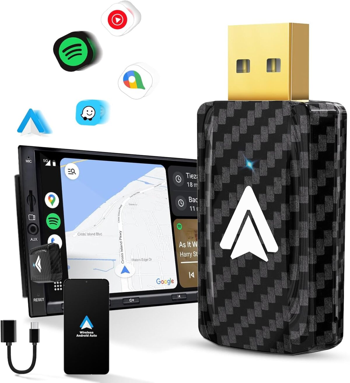 Android Auto Wireless Adapter for Car Small Dongle, Compatible with AndroidAuto Car Models 2017 Above with Wired, for Android Phones Version 11 Above, Carbon Fiber Black - Image 2