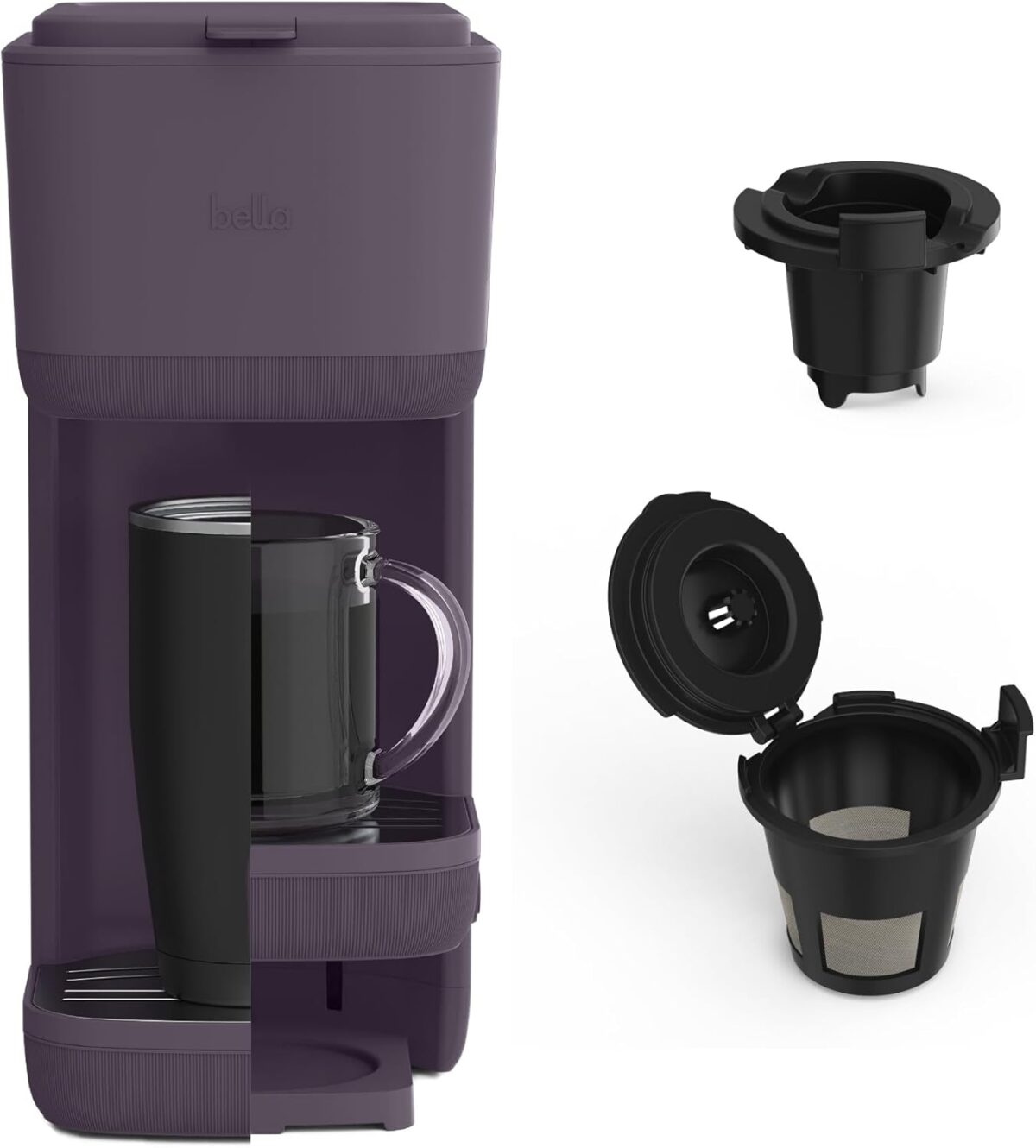 BELLA Single Serve Coffee Maker, K Cup & Coffee Ground Compatible with Removable, Adjustable Drip Tray, Auto Shutoff & Reusable Dishwasher Safe Accessories, Brews 6oz to 14oz, 1000 Watt, Plum - Image 2