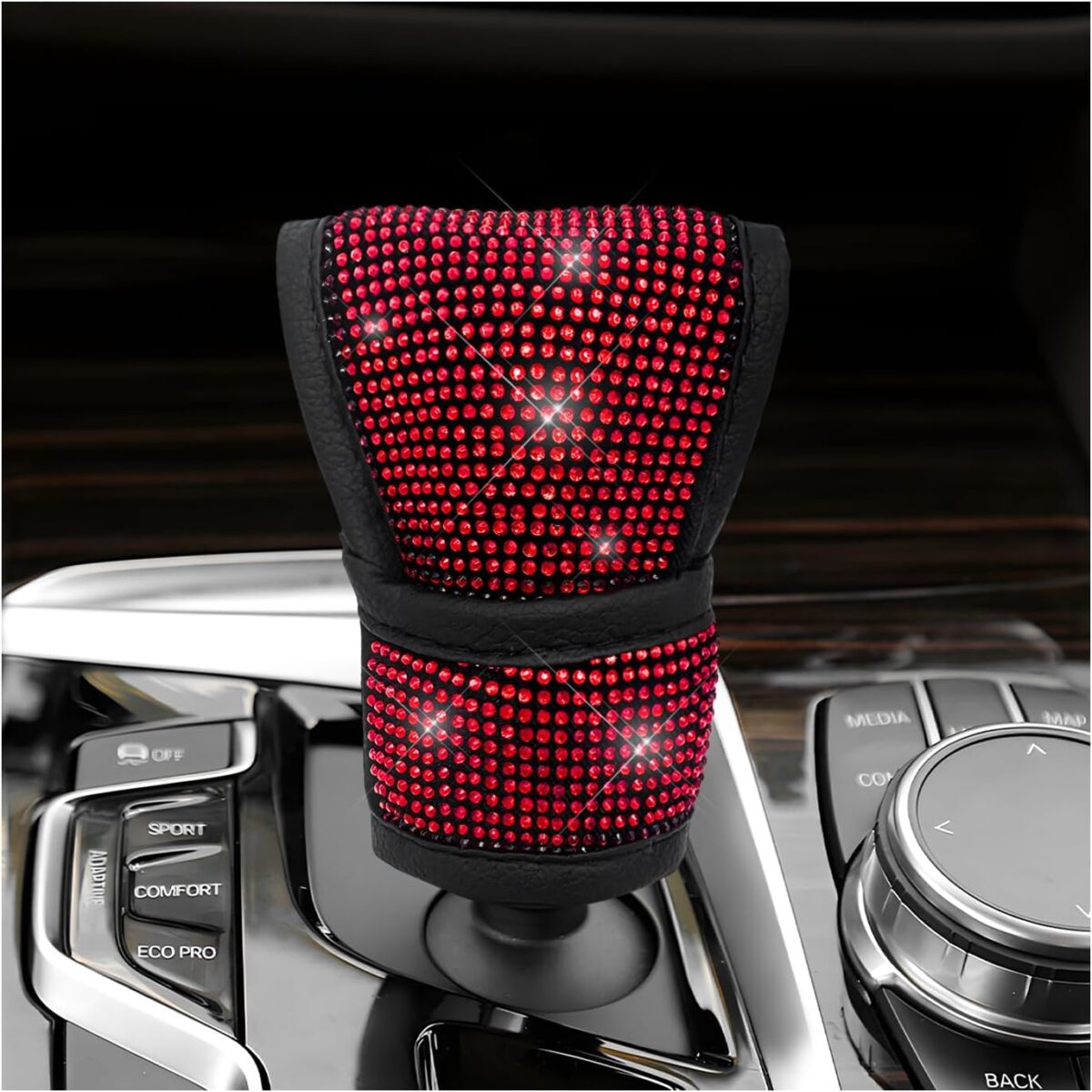 Bling Auto Gear Shift Knob Cover, Rhinestone Glitter Shifter Stick Protector for Girls Women, Sparkly Diamond Transmission Gear Shift Lever Knob Cover for Cars Trucks SUVs (Red) - Image 2