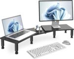 Dual Monitor Riser, Adjustable Height Steel Leg Wooden Stand with Storage Space - Black - Image 2
