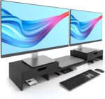 Dual Monitor Riser with Two Drawers for Desk, Bamboo Monitor Stand Riser with Storage, Desk Shelf for Computer, IMac & Laptop, No Assembly Required, Black - Image 2