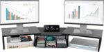 Dual Monitor Stand Riser, Wooden Desk Organizer with Drawer, Office Desk Organizers and Accessories, Office Workspace Organization Computer Monitor Stand for Laptop, Printer, TV, Office Supplies (Black) - Image 2