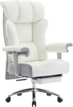 Efomao Big Tall Ergonomic Office Chair 450LBS with Foot Rest, High Back PU Leather Executive Chair with Adjustable Padded Armrests, Lumbar Support for Home or Work, Heavy Duty Computer Chair, White - Image 2