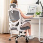 Ergonomic Home Office Chair, High Back Mesh Desk Chair with Adjustable Lumbar Support, Flip-up Armrest, Removable Headrest, Swivel Computer Gaming Chair, Space Saving, 330LBS (White+Grey) - Image 2