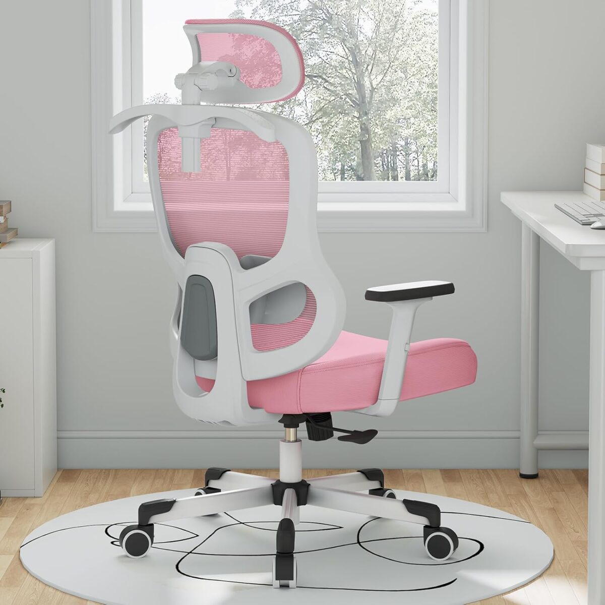 Ergonomic Office Chair Big Tall Reclining Gaming Chair Adjustable Lumbar Support 2D Armrest 6D Headrest Breathable Mesh Swivel Computer Chairs Home Task Desk Chair Coat Hanger Tilt Lock (Pink) - Image 2