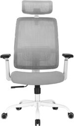 Ergonomic Office Chair - High Back Desk Chair with Adjustable Lumbar Support, Headrest & 3D Armrest - 135°Rocking Mesh Computer Chair (White & Grey) - Image 2