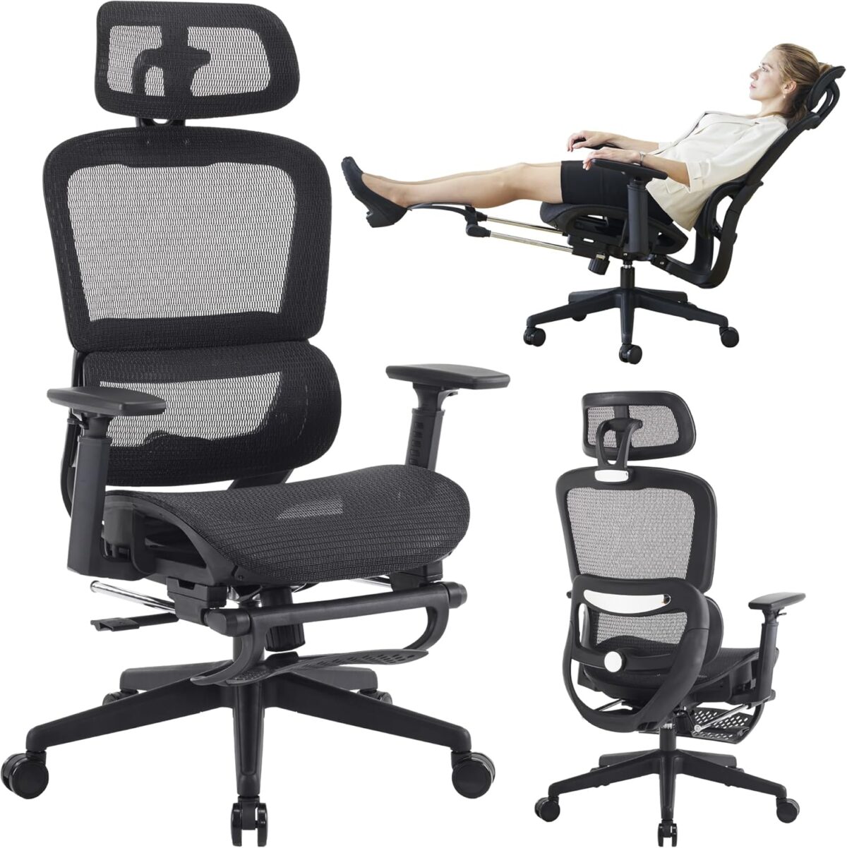 Ergonomic Office Chair, High Back Gaming Chair with Footrest,Big and Tall Home Office Desk Chair,Mesh Computer Chair with Adjustable Lumbar Support and Headrest,3D Armrests(Black) - Image 2