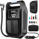 FBK Tire Inflator Portable Air Compressor Tire Air Pump for Car Tires - Car Accessories, 12V DC Auto Pump with Digital Pressure Gauge, Emergency LED Light for Bicycle, Motorcycle, Balloons, Black - Image 2