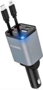 Flexino Retractable Car Charger for iPhone 16, 69W Fast Charging Car Charger USB C, Car Chargers with 2 Retractable Cords 2.6ft, Car Adapter for iPhone 16/15/14/13/12 Series, Galaxy (Grey) - Image 2