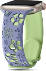 Floral Engraved Band Compatible with Apple Watch Band Women 40mm 38mm 41mm 42mm 44mm 45mm 46mm 49mm, Soft Silicone Two-Tone Flower Sport Strap for iWatch Series 10 9 8 7 6 5 4 3 2 1 SE Ultra - Image 2