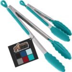 GORILLA GRIP Stainless Steel Heat Resistant Kitchen Tongs for Cooking, 9 + 12 Inch, Set of 2 BBQ Tong, Non Scratch Silicone Tip for Pan, Strong Grip, Grab Food, Salad, Air Fryer, Pull Lock, Turquoise - Image 2