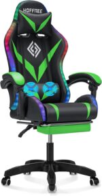 Gaming Chair with LED Lights and Massage Ergonomic Computer Chair with Footrest High Back Video Game Chair with Adjustable Lumbar Support Linkage Armrest Green and Black - Image 2