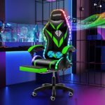 HOFFREE Gaming Chair with Bluetooth Speakers and Led Lights Massage Computer Gamer Chair with Footrest Ergonomic Video Game Chair for Adults Green and Black - Image 2