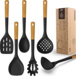 Large Silicone Cooking Utensils Set - Heat Resistant Silicone Kitchen Utensils for Cooking w Wooden Handles, Spatula Set, Kitchen Utensil Gadgets Sets for Non-Stick Cookware, BPA Free (Black) - Image 2