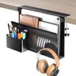 Litwaro Desk Side Storage, No Drill Laptop Holder with Magnetic Pen Holder, Clamp on Laptop Mount with Sticky Headphone Stand, Hanging Organizer for Office, Fits Flat Table Edge 0.4" to 2" (Black) - Image 2