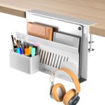 Litwaro Desk Side Storage, No Drill Laptop Holder with Magnetic Pen Holder, Under Desk Laptop Mount with Sticky Headphone Holder, Hanging Desks Organizer Fits Flat Edges 0.4" to 2" (White) - Image 2