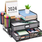 Marbrasse 3 Tier Mesh Desk Organizer with Drawer, Multi-Functional Desk Organizers and Accessories, Paper Letter Organizer with 2 Pen Holder for Home Office Supplies (Black) - Image 2